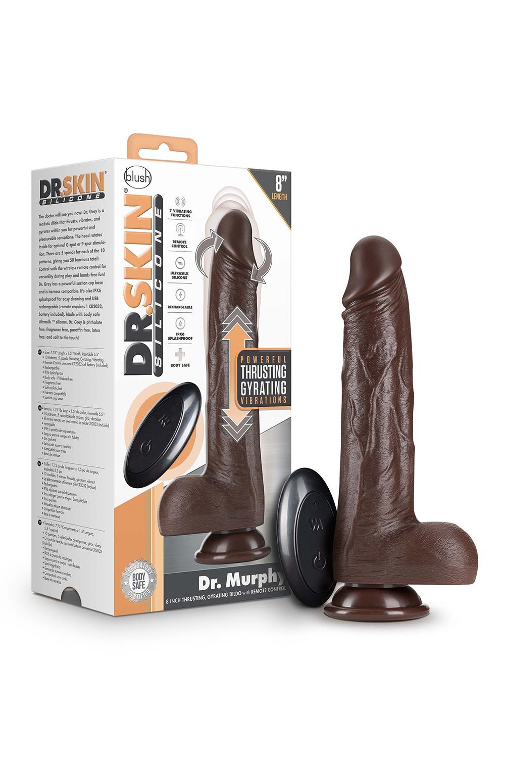 DR. SKIN SILICONE DR. MURPHY 8  INCH THRUSTING DILDO CHOCOLATE