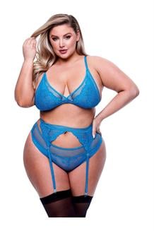 3Pc Lace & Mesh Bra, Garter & Panty Set Blue, Queen